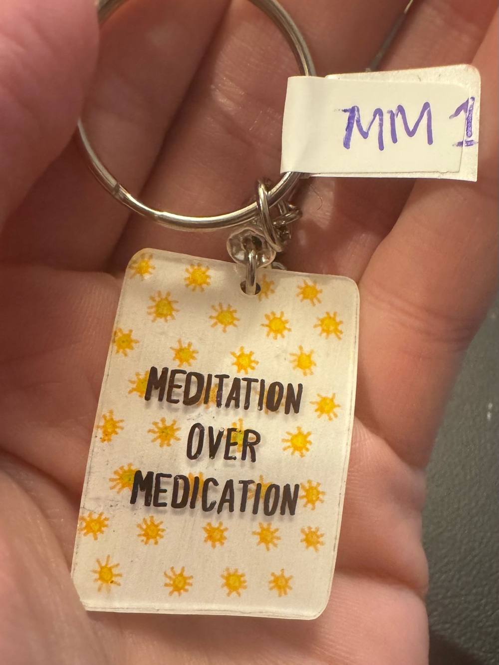 Handmade by me. Meditation Over Medication Keychain - Yellow Sun Design